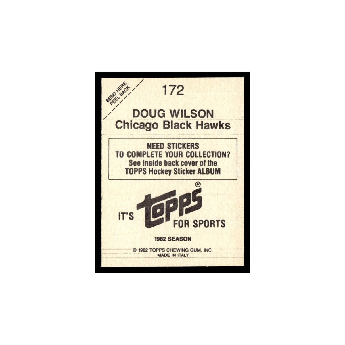 Doug Wilson 1982 Topps Stickers #172 Chicago Blackhawks Hockey Card EX