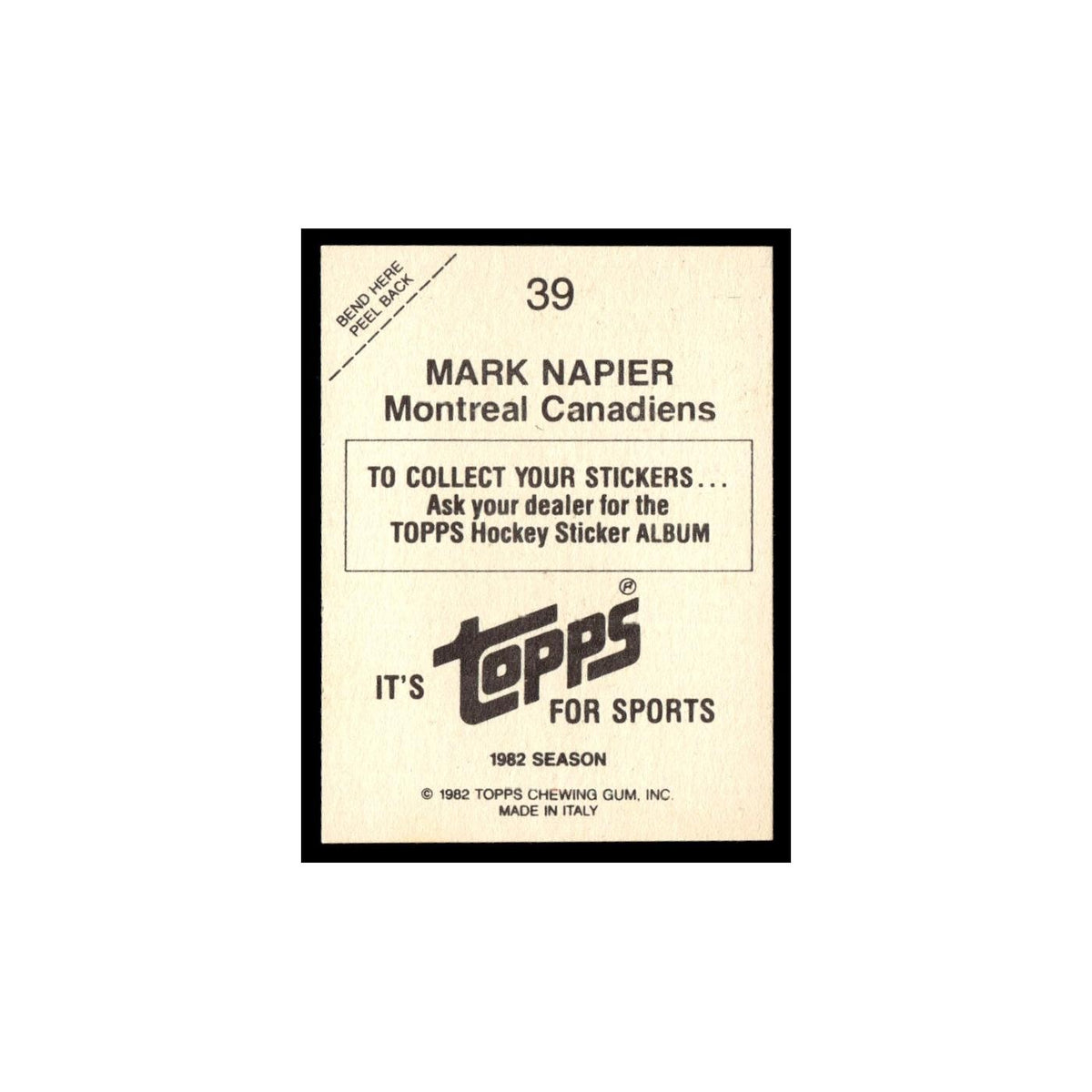 Mark Napier 1982 Topps Stickers #39 Montreal Canadiens Hockey Card EX