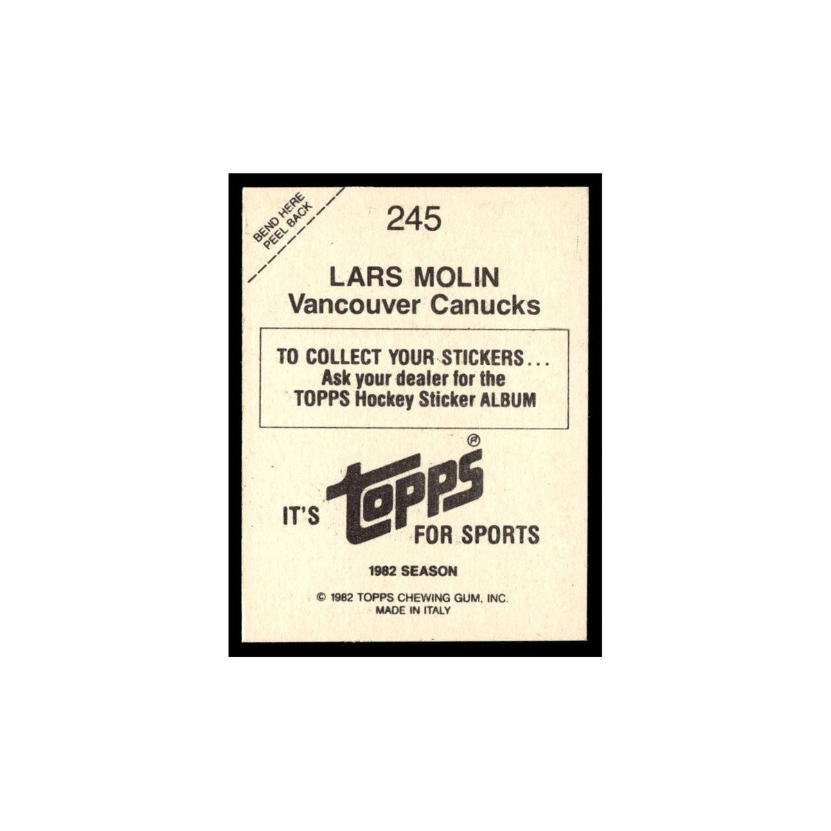 Lars Molin 1982 Topps Stickers #245 Vancouver Canucks Hockey Card EX