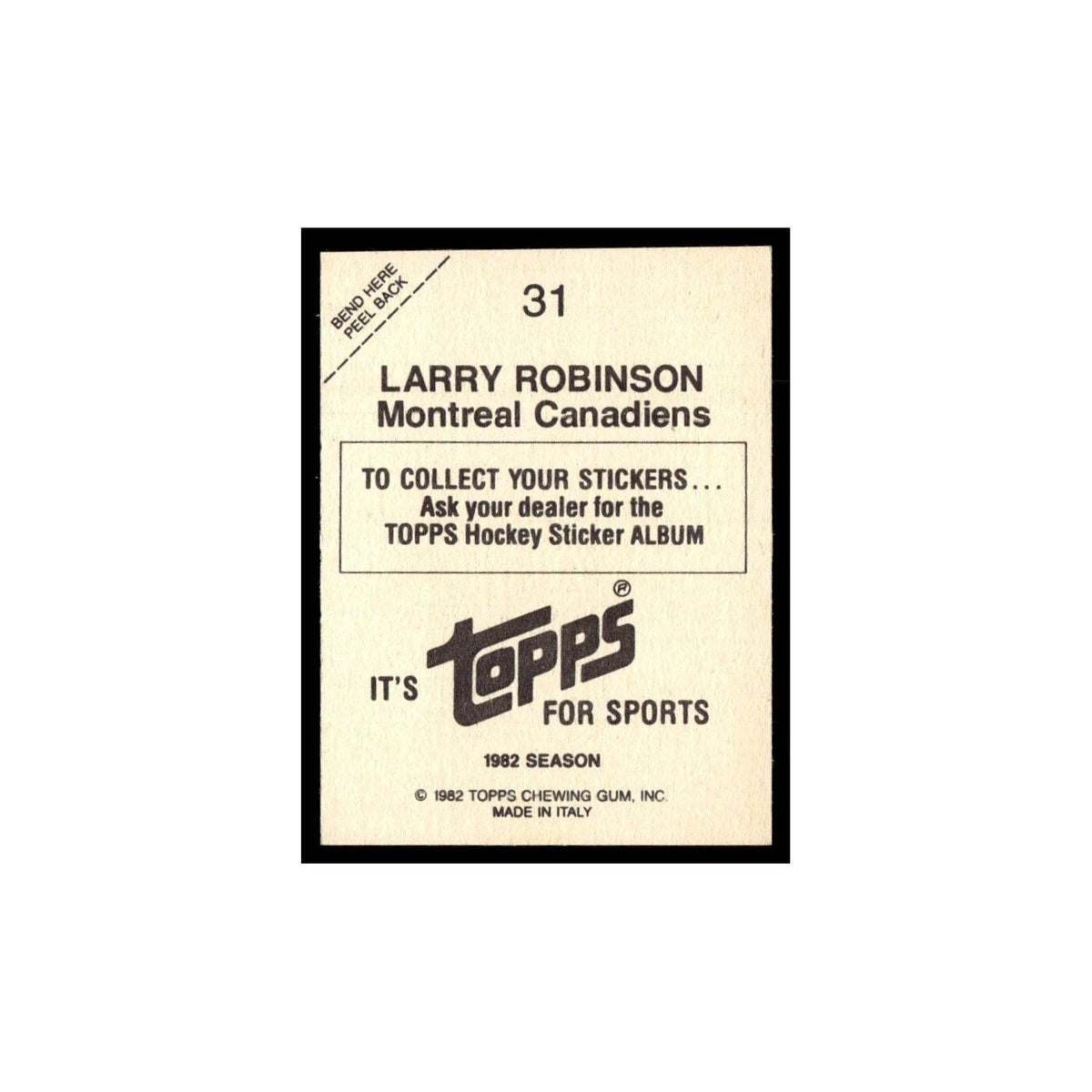 Larry Robinson 1982 Topps Stickers #31 Montreal Canadiens Hockey Card EX