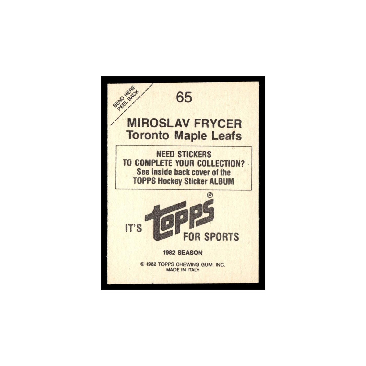 Miroslav Frycer 1982 Topps Stickers #65 Toronto Maple Leafs Hockey Card EX
