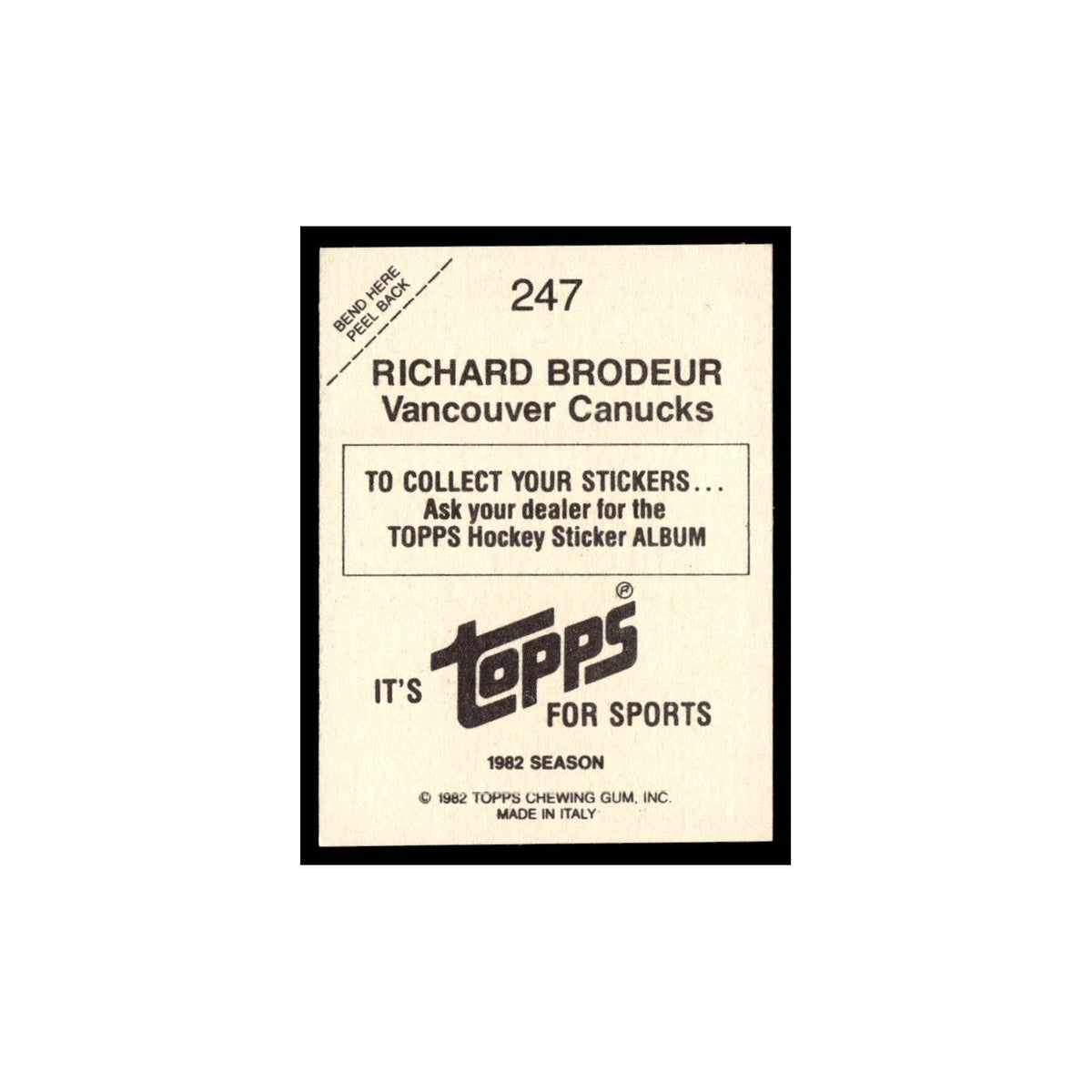 Richard Brodeur 1982 Topps Stickers #247 Vancouver Canucks Hockey Card EX