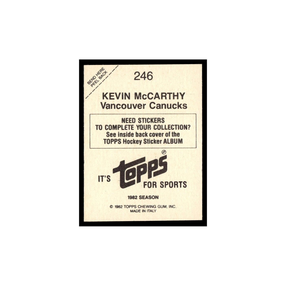 Kevin McCarthy 1982 Topps Stickers #246 Vancouver Canucks Hockey Card EX