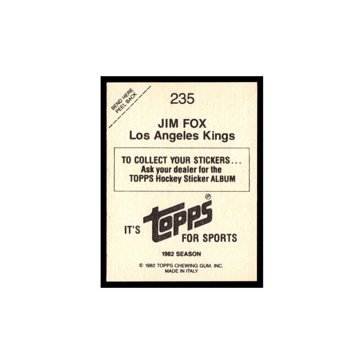 Jim Fox 1982 Topps Stickers #235 Los Angeles Kings Hockey Card EX
