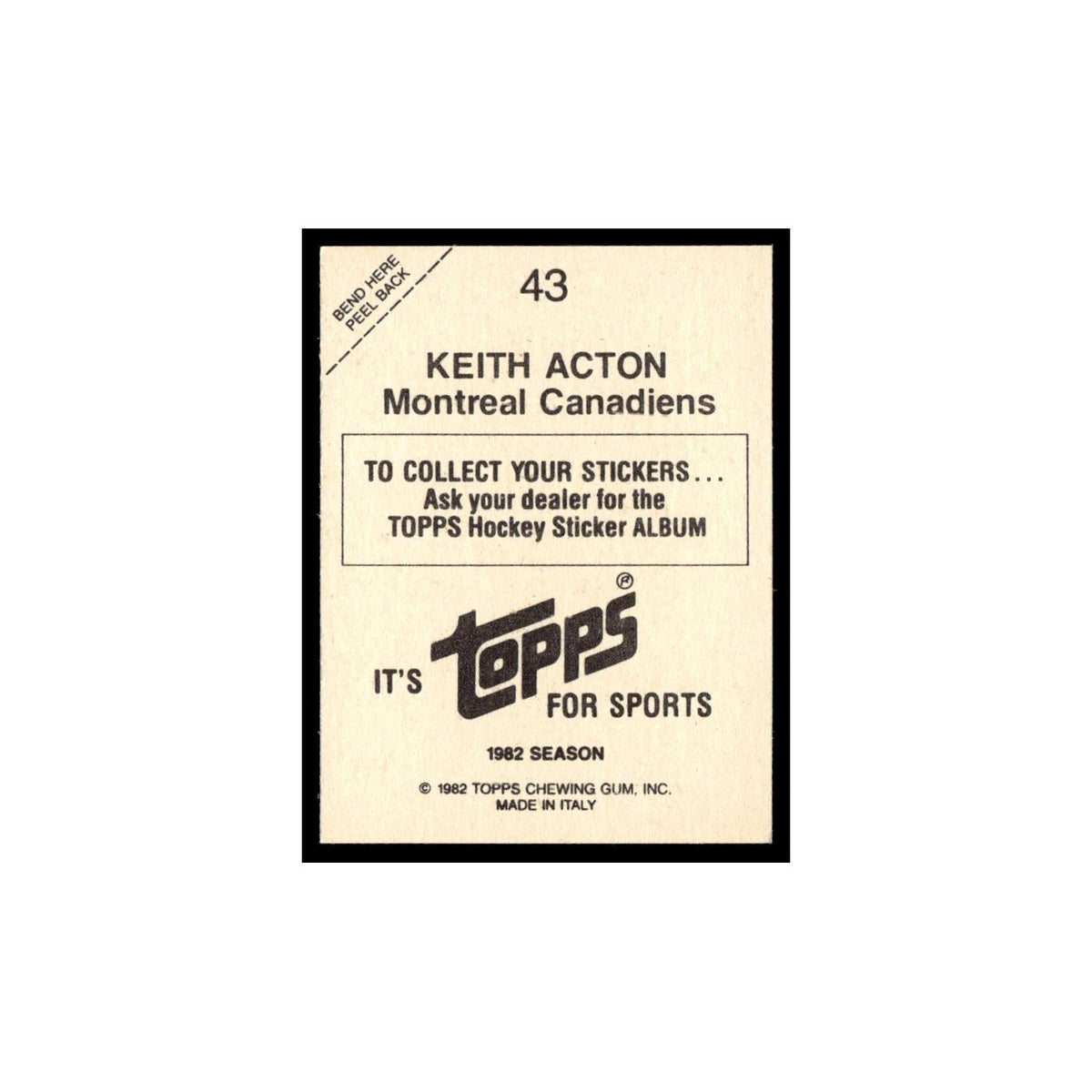 Keith Acton 1982 Topps Stickers #43 Montreal Canadiens Hockey Card EX