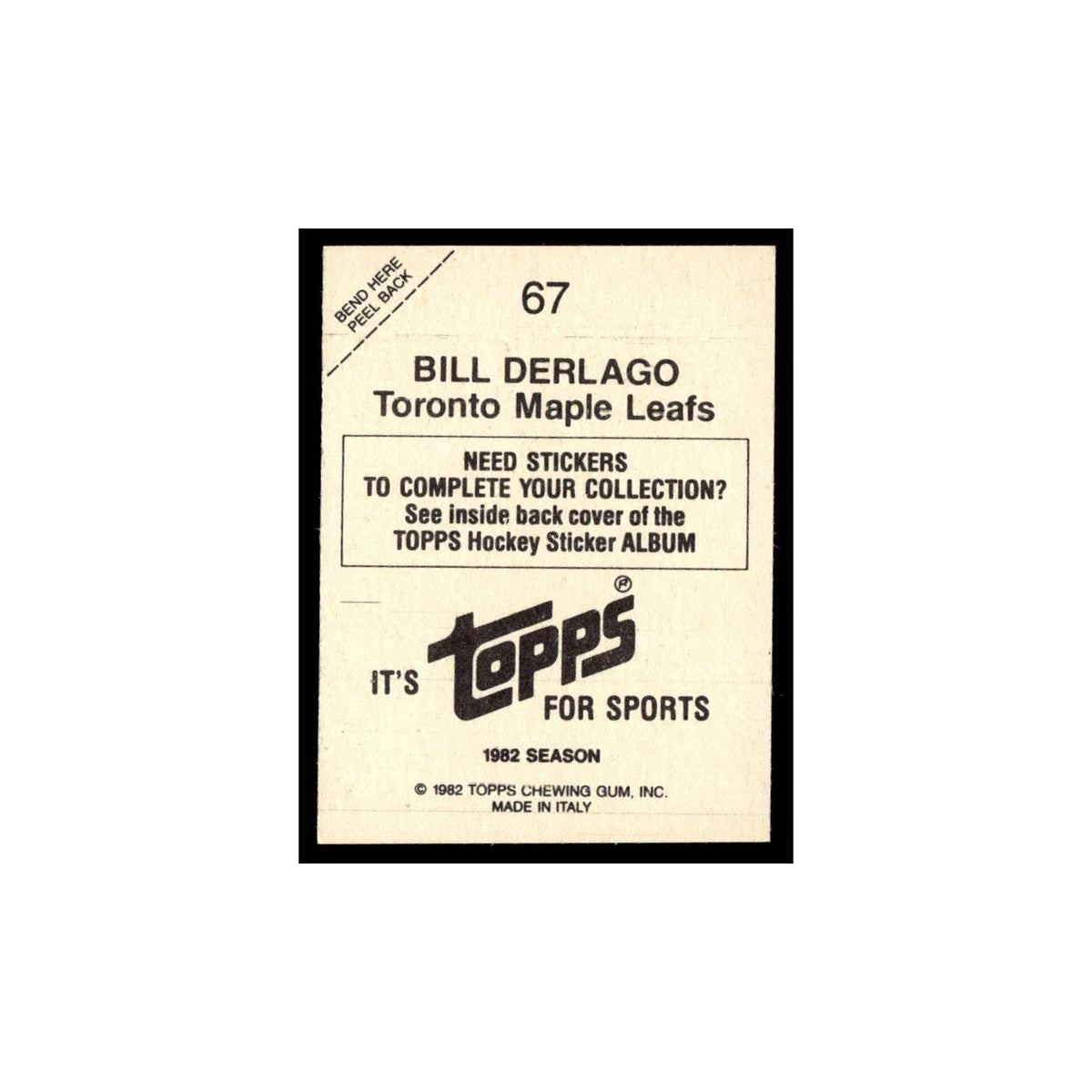 Bill Derlago 1982 Topps Stickers #67 Toronto Maple Leafs Hockey Card EX