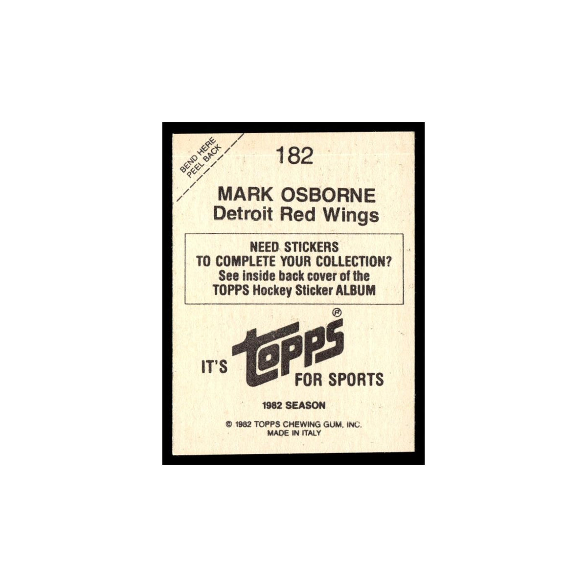 Mark Osborne 1982 Topps Stickers #182 Detroit Red Wings Hockey Card EX