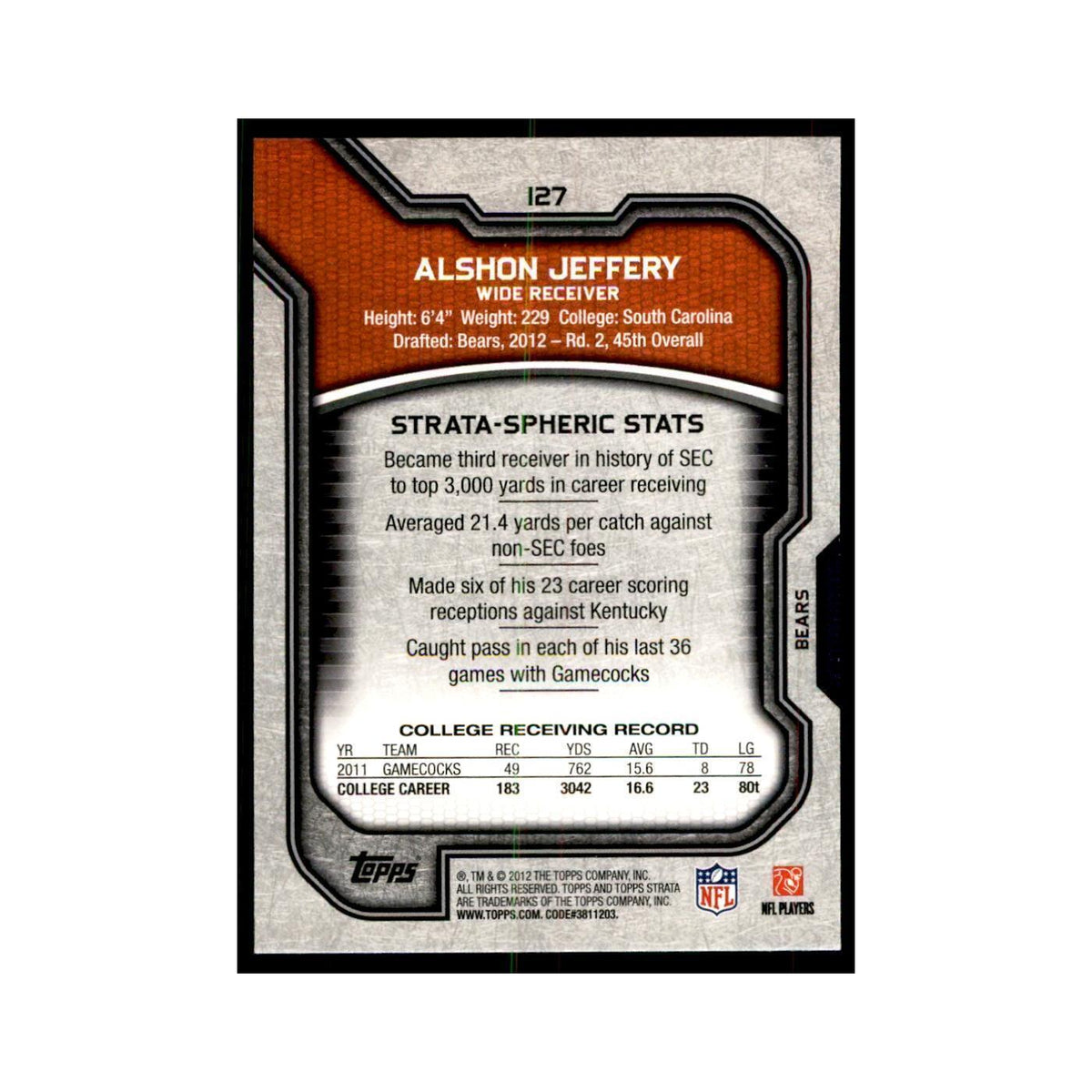 2012 Topps Strata Alshon Jeffery RC Football Cards #127