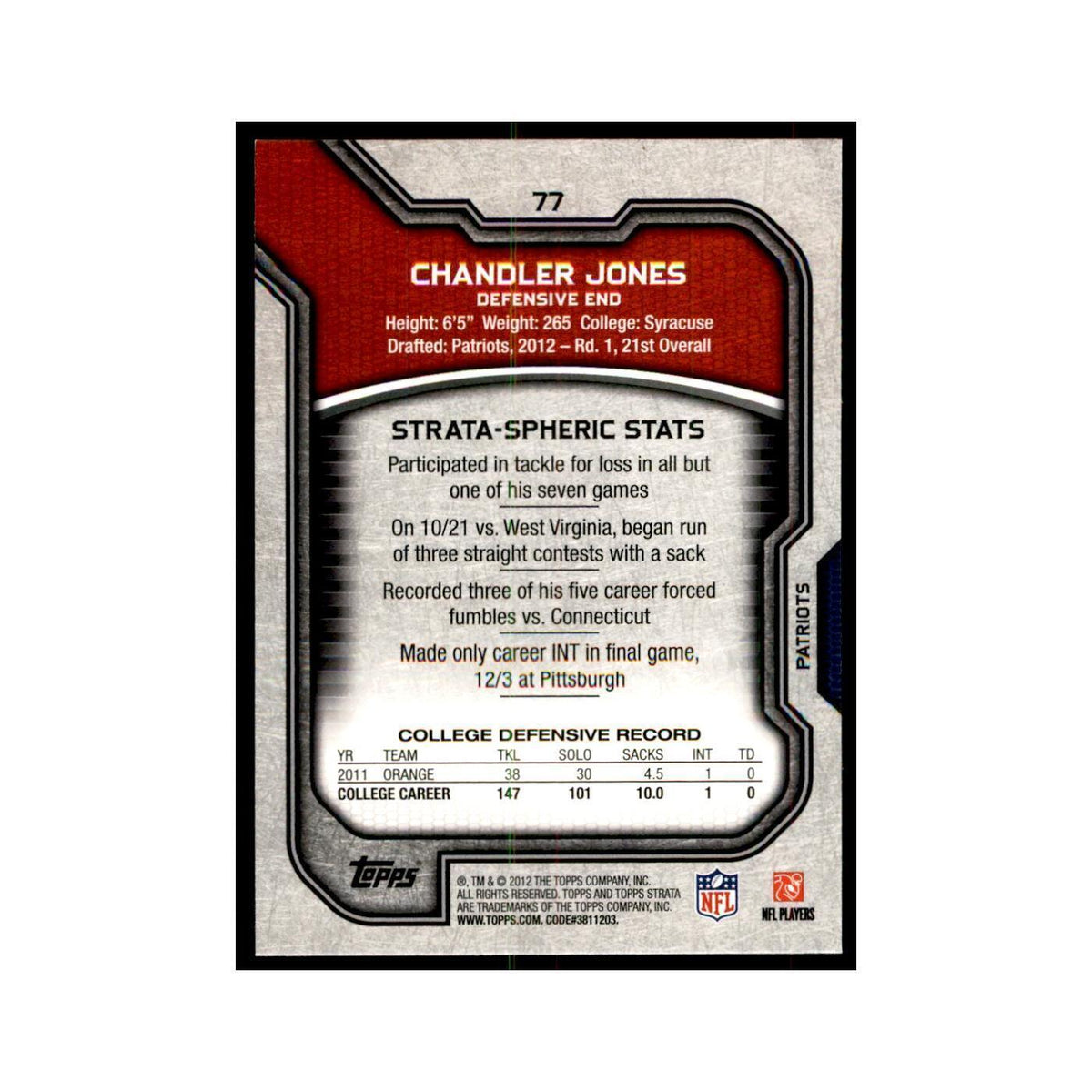 2012 Topps Strata Chandler Jones RC Football Cards #77