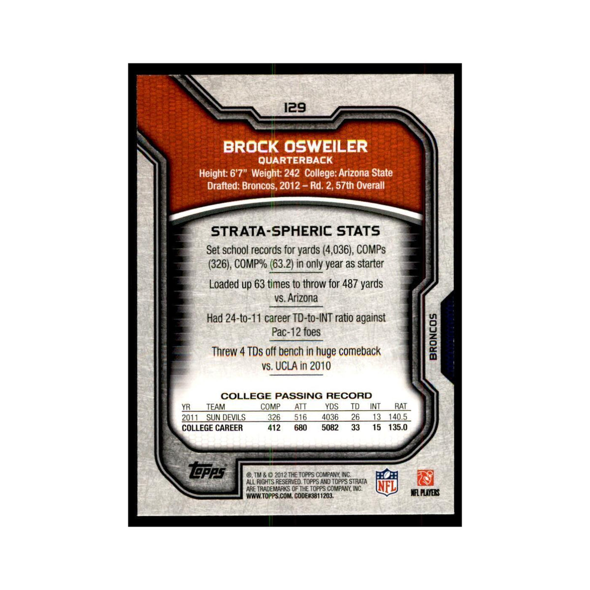 2012 Topps Strata Brock Osweiler RC Football Cards #129