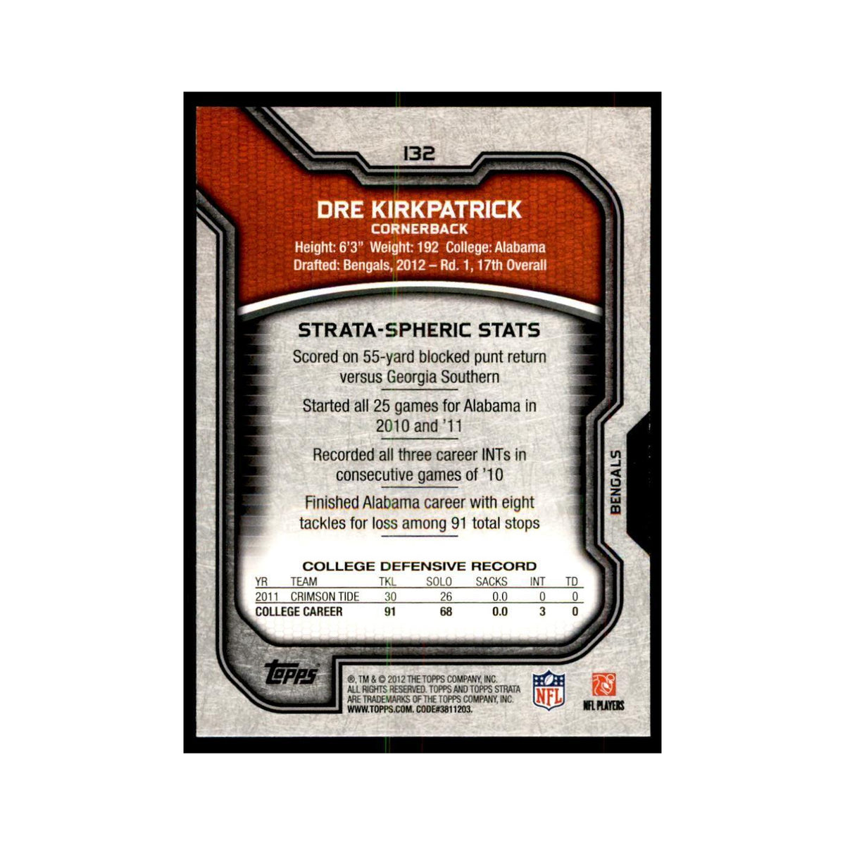 2012 Topps Strata Dre Kirkpatrick RC Football Cards #132