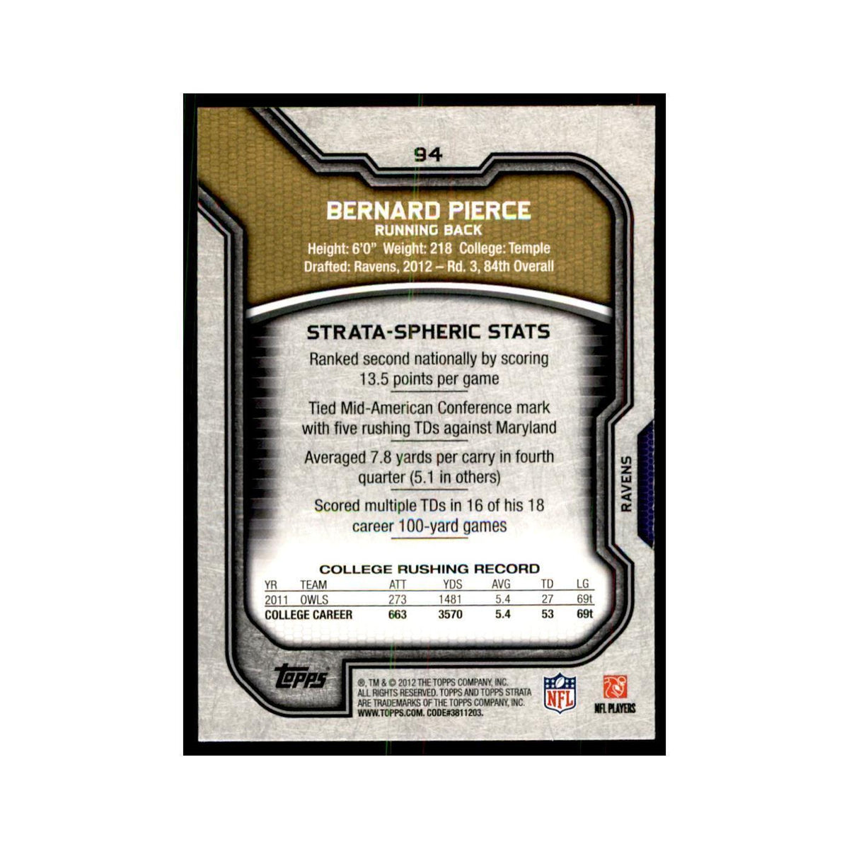 2012 Topps Strata Bernard Pierce RC Football Cards #94