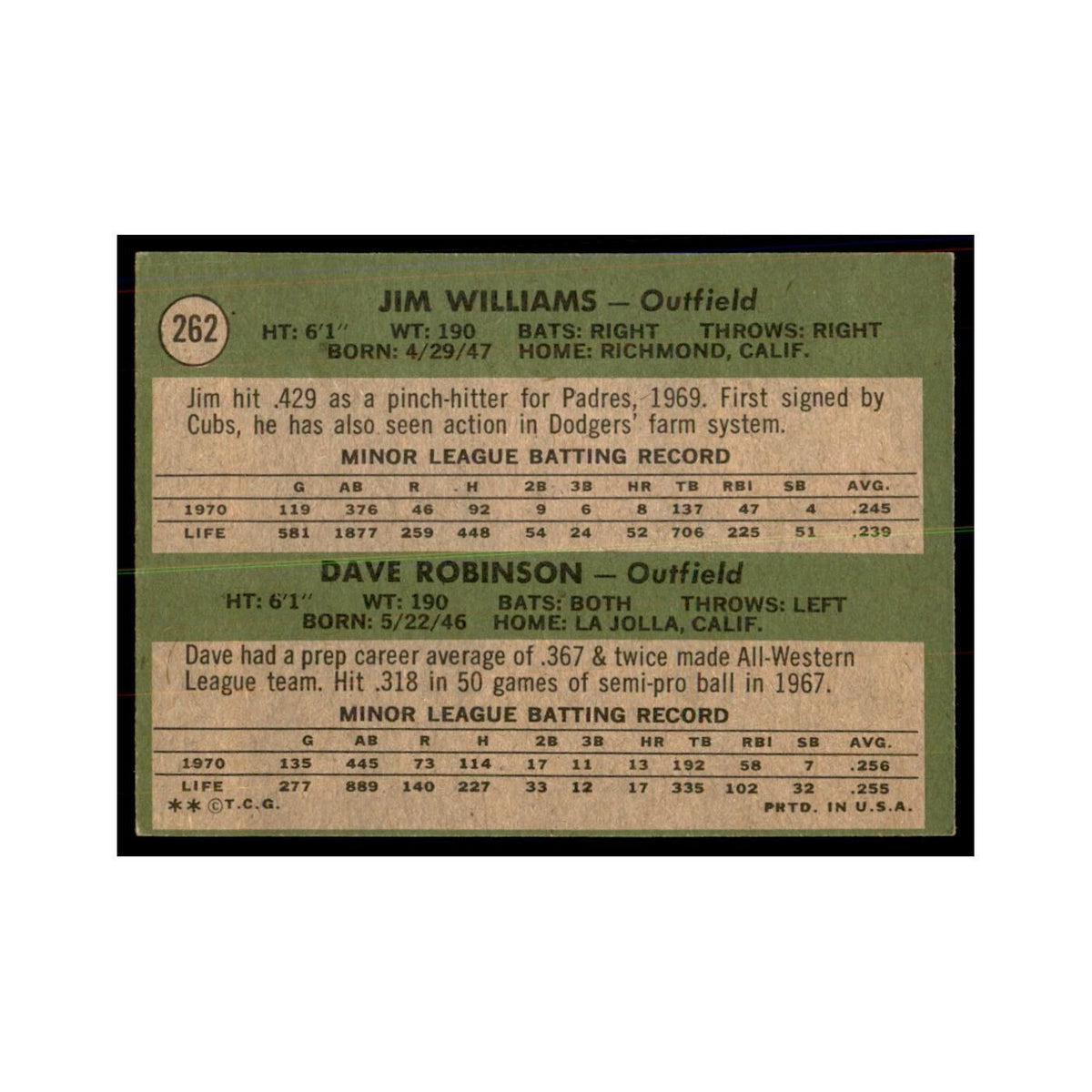 1971 Topps Jim Williams/Dave Robinson RC Baseball Cards #262