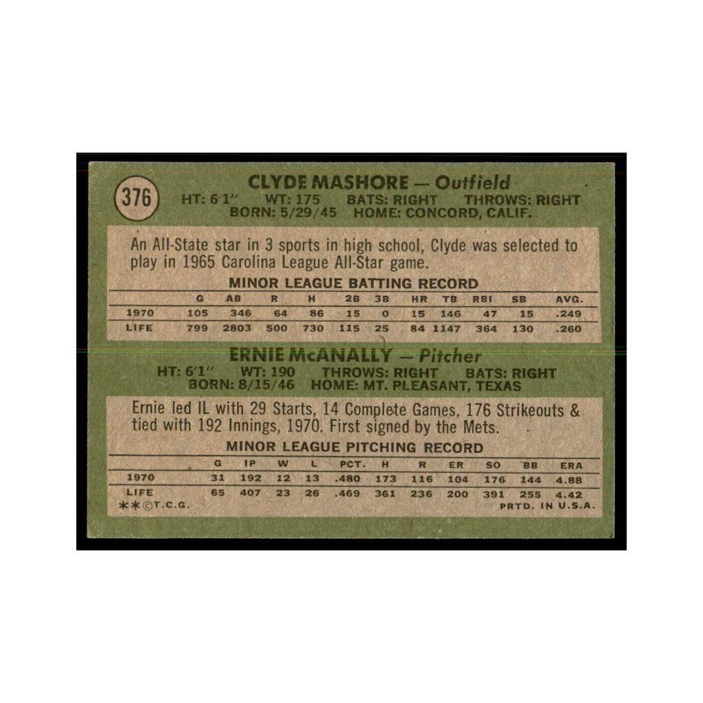 1971 Topps Clyde Mashore/Ernie McAnally RC Baseball Cards #376