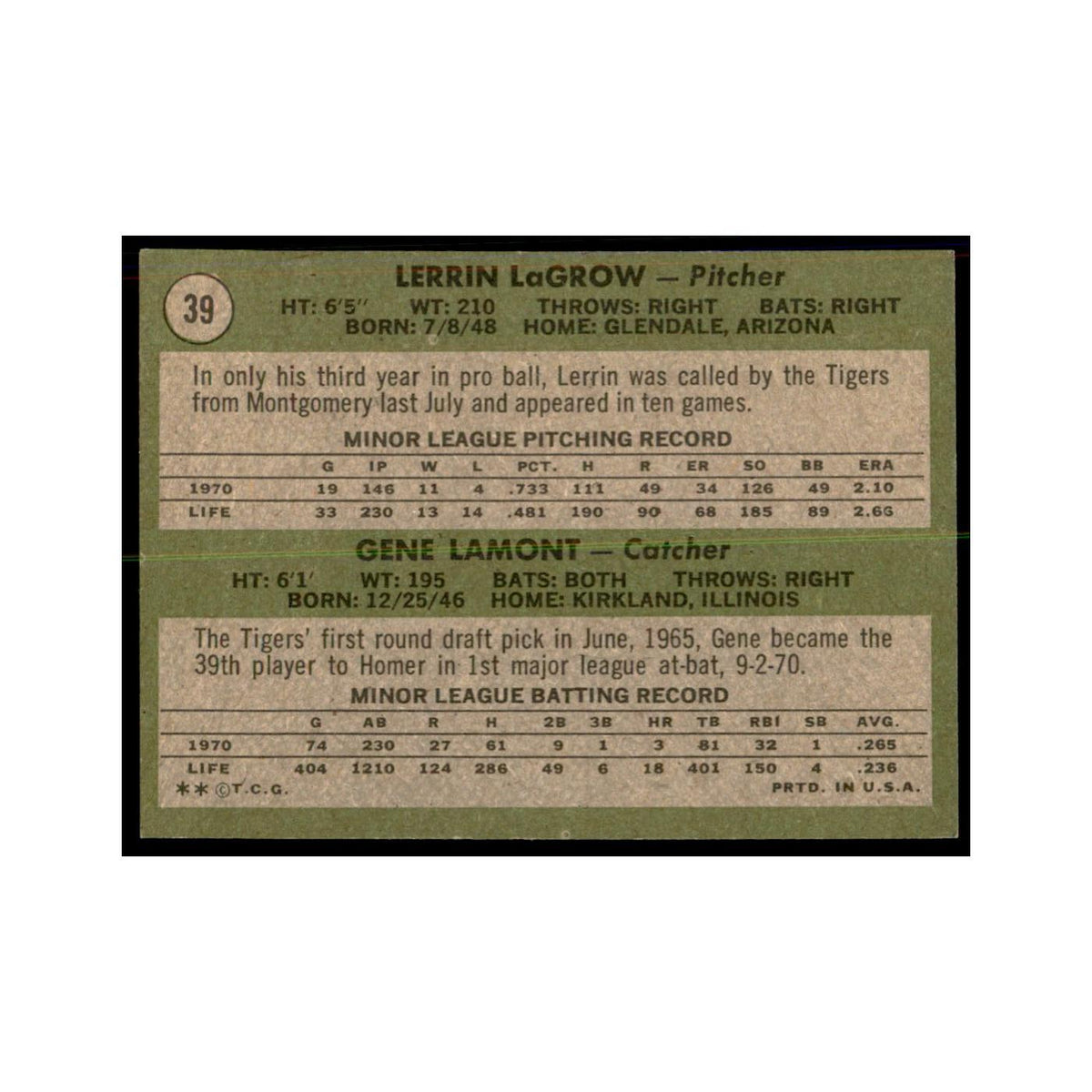 1971 Topps Lerrin LaGrow/Gene Lamont Baseball Cards #39