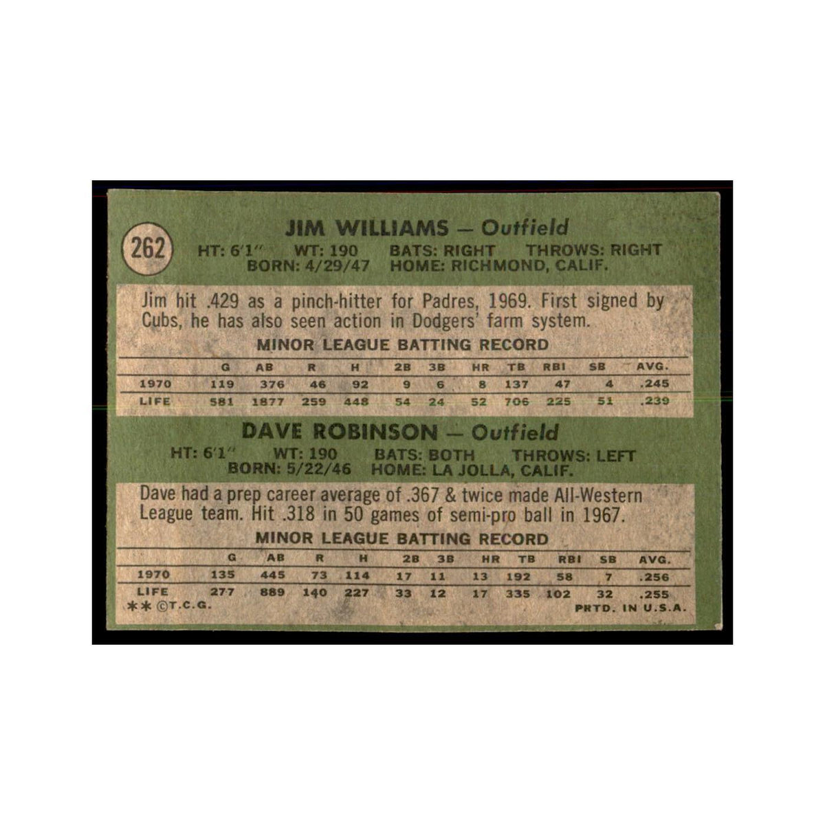 1971 Topps Jim Williams/Dave Robinson RC Baseball Cards #262