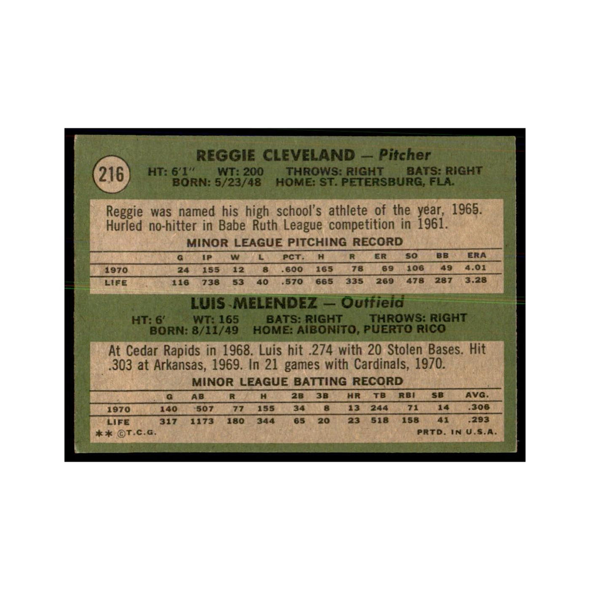 1971 Topps Reggie Cleveland/Luis Melendez RC Baseball Cards #216