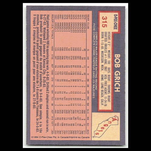 Bob Grich #315 1984 O-Pee-Chee California Angels Baseball Card MLB NM