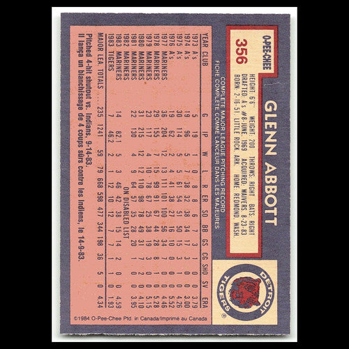 Glenn Abbott #356 1984 O-Pee-Chee Detroit Tigers Baseball Card MLB NM