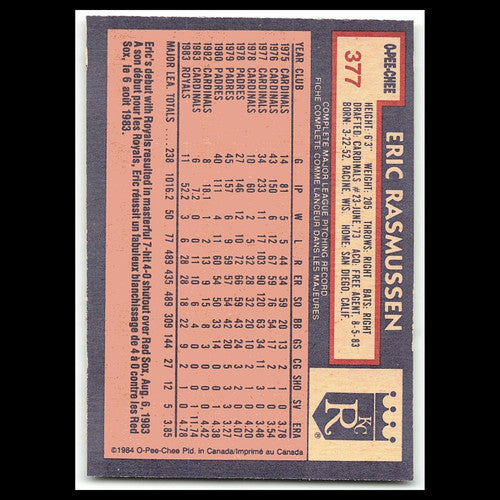 Eric Rasmussen #377 1984 O-Pee-Chee Kansas City Royals Baseball Card MLB NM
