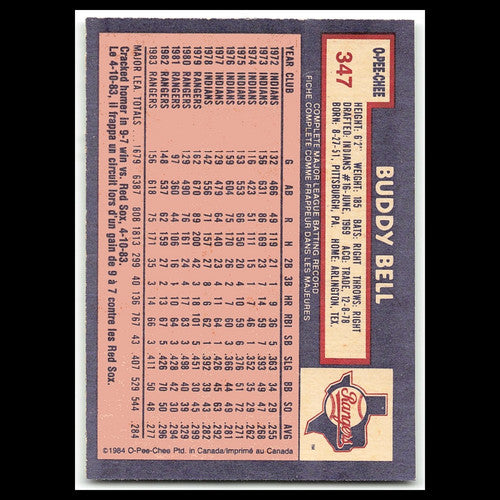 Buddy Bell #347 1984 O-Pee-Chee Texas Rangers Baseball Card MLB NM