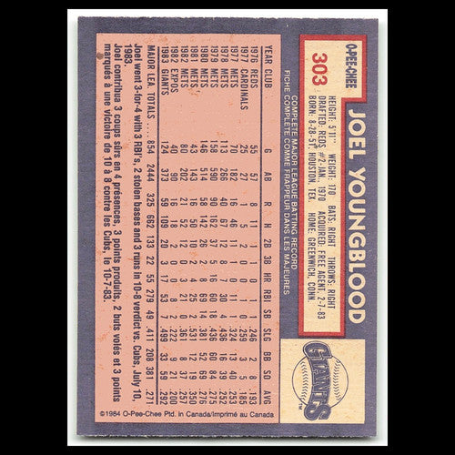Joel Youngblood #303 1984 O-Pee-Chee San Francisco Giants Baseball Card MLB NM