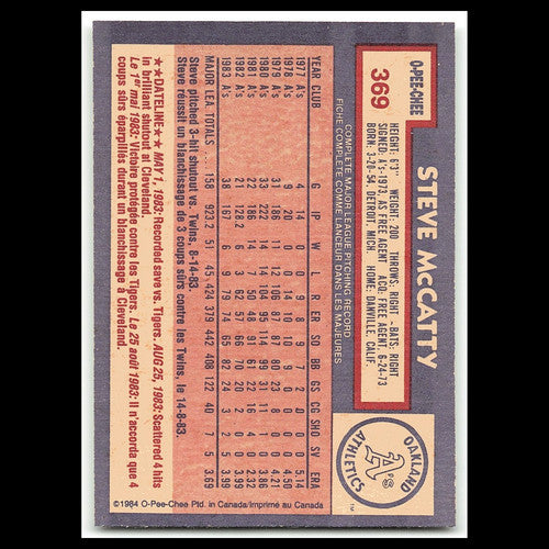 Steve McCatty #369 1984 O-Pee-Chee Oakland Athletics Baseball Card MLB NM