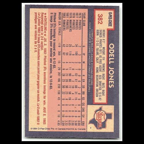 Odell Jones #382 1984 O-Pee-Chee Texas Rangers Baseball Card MLB NM