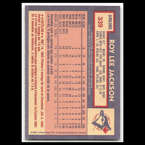 Roy Lee Jackson #339 1984 O-Pee-Chee Toronto Blue Jays Baseball Card MLB NM