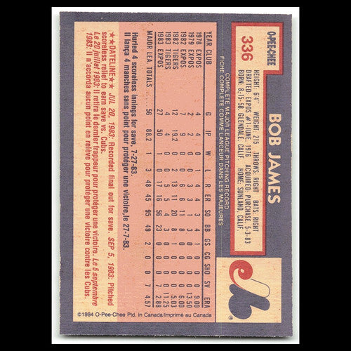 Bob James Rookie #336 1984 O-Pee-Chee Montreal Expos Baseball Card MLB NM