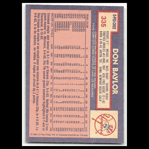 Don Baylor #335 1984 O-Pee-Chee New York Yankees Baseball Card MLB NM