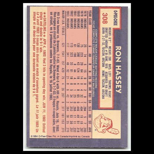 Ron Hassey #308 1984 O-Pee-Chee Cleveland Indians Baseball Card MLB NM