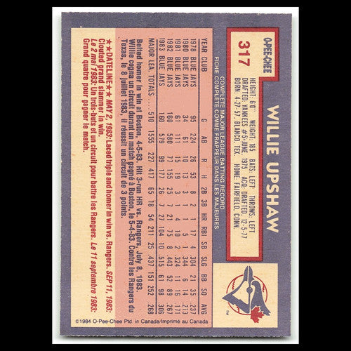 Willie Upshaw #317 1984 O-Pee-Chee Toronto Blue Jays Baseball Card MLB NM