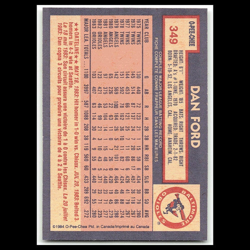 Dan Ford #349 1984 O-Pee-Chee Baltimore Orioles Baseball Card MLB NM