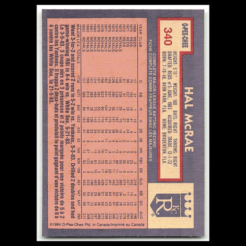 Hal McRae #340 1984 O-Pee-Chee Kansas City Royals Baseball Card MLB NM
