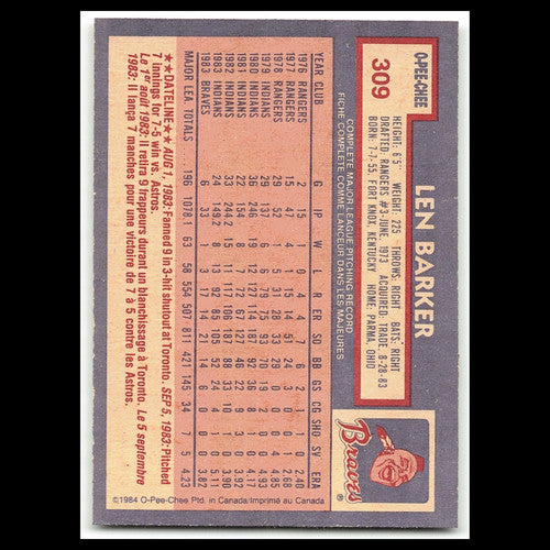 Len Barker #309 1984 O-Pee-Chee Atlanta Braves Baseball Card MLB NM