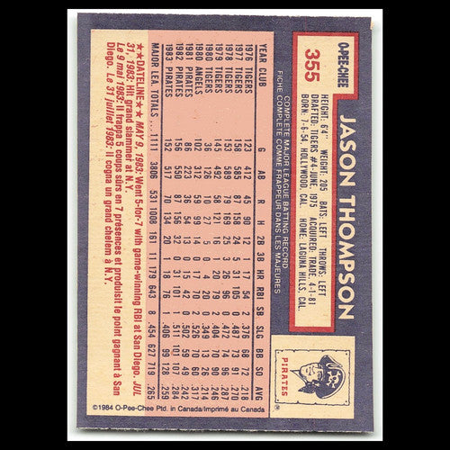 Jason Thompson #355 1984 O-Pee-Chee Pittsburgh Pirates Baseball Card MLB NM