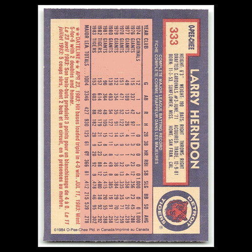 Larry Herndon #333 1984 O-Pee-Chee Detroit Tigers Baseball Card MLB NM