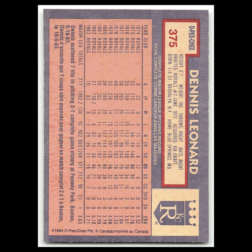 Dennis Leonard #375 1984 O-Pee-Chee Kansas City Royals Baseball Card MLB NM