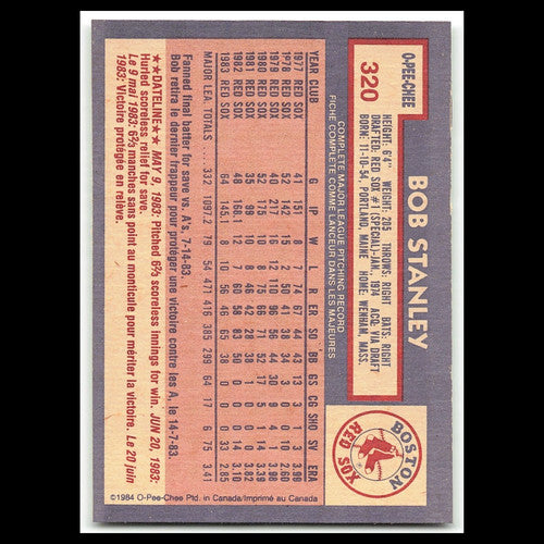 Bob Stanley #320 1984 O-Pee-Chee Boston Red Sox Baseball Card MLB NM