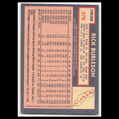 Rick Burleson #376 1984 O-Pee-Chee California Angels Baseball Card MLB NM