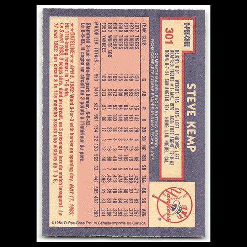 Steve Kemp #301 1984 O-Pee-Chee New York Yankees Baseball Card MLB NM