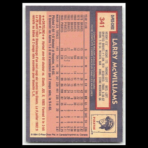 Larry McWilliams #341 1984 O-Pee-Chee Pittsburgh Pirates Baseball Card MLB NM