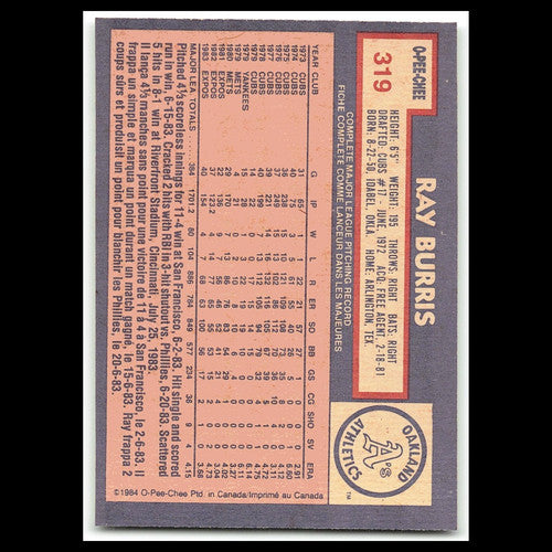 Ray Burris #319 1984 O-Pee-Chee Oakland Athletics Baseball Card MLB NM