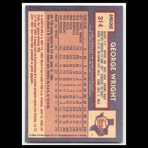 George Wright #314 1984 O-Pee-Chee Texas Rangers Baseball Card MLB NM
