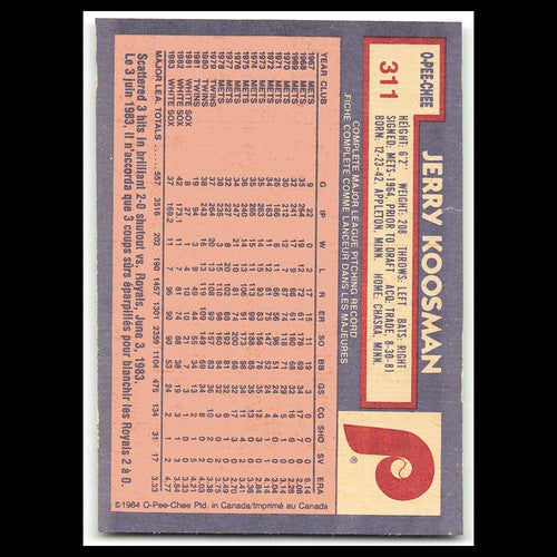 Jerry Koosman #311 1984 O-Pee-Chee Philadelphia Phillies Baseball Card MLB NM