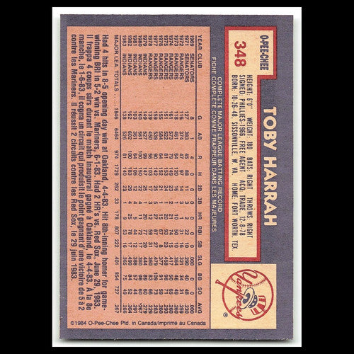 Toby Harrah #348 1984 O-Pee-Chee New York Yankees Baseball Card MLB NM