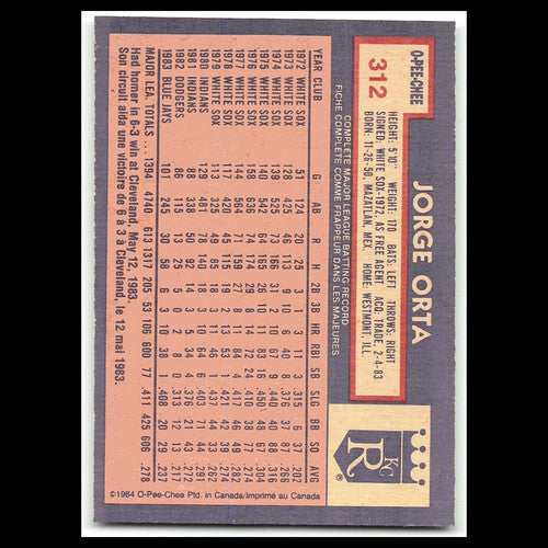 Jorge Orta #312 1984 O-Pee-Chee Kansas City Royals Baseball Card MLB NM