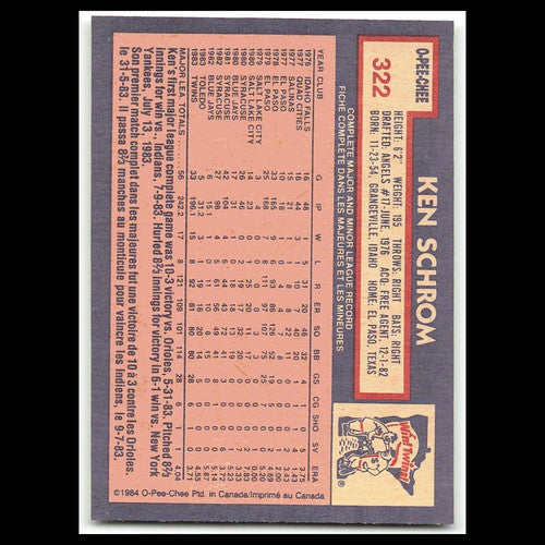 Ken Schrom #322 1984 O-Pee-Chee Minnesota Twins Baseball Card MLB NM