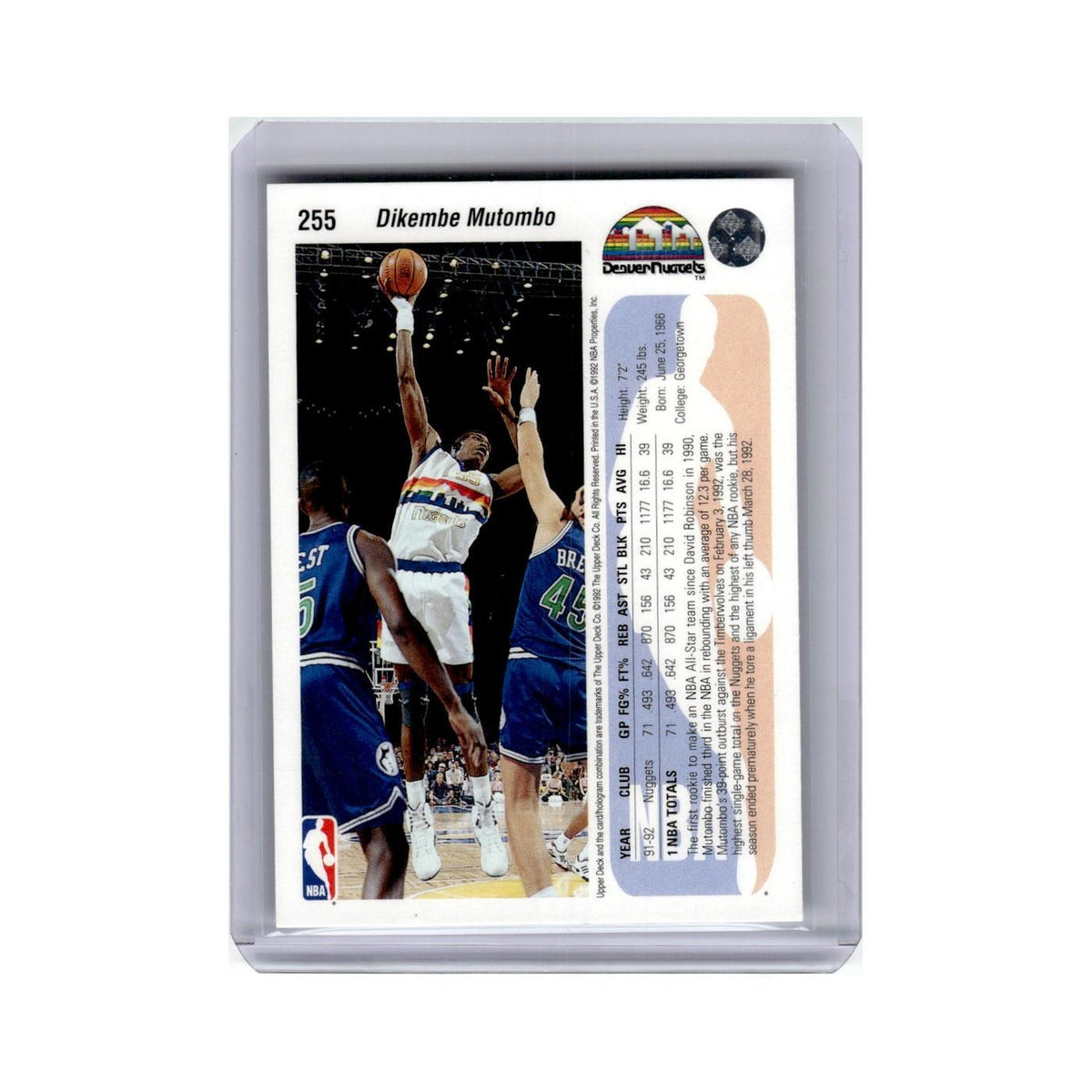 Dikembe Mutombo 1992 Upper Deck #255 Denver Nuggets Basketball Card NM